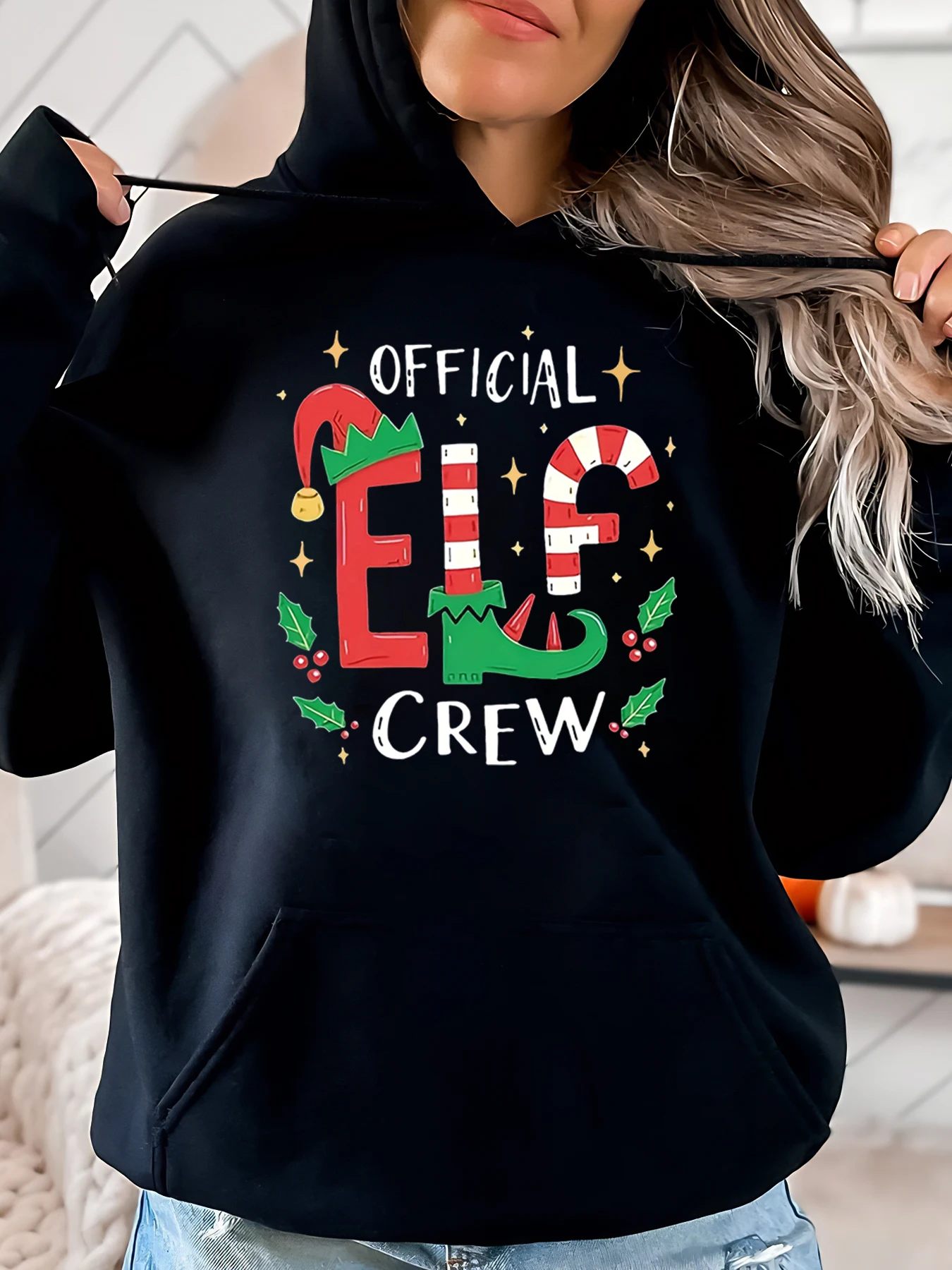 

Официальная толстовка с рождественским принтом Elf Crew, женская праздничная повседневная одежда, черная, больших размеров