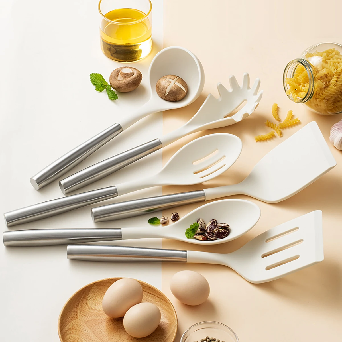 

6pcs White Silicone Kitchenware Set Spatula Strainer Soup Spoon Spaghetti Clip Cooking Tool Sets Household Kitchen Utensils Set