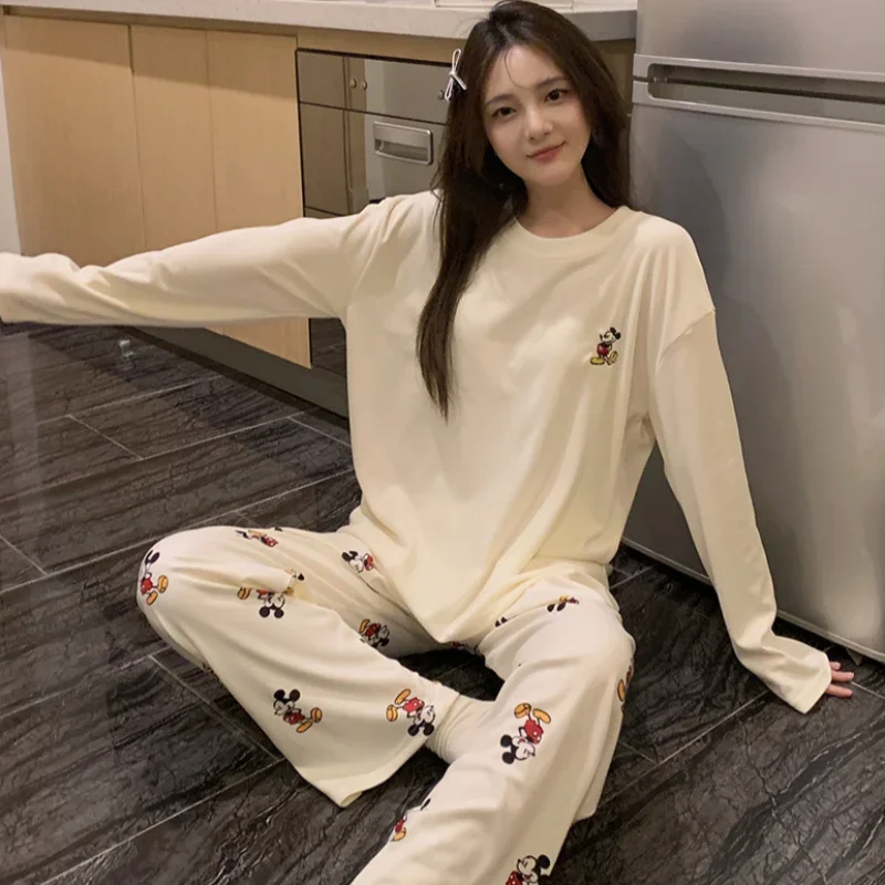 Disney pajamas autumn and winter cotton round neck long-sleeved trousers cute cartoon women's pajamas warm HelloKitty loungewear