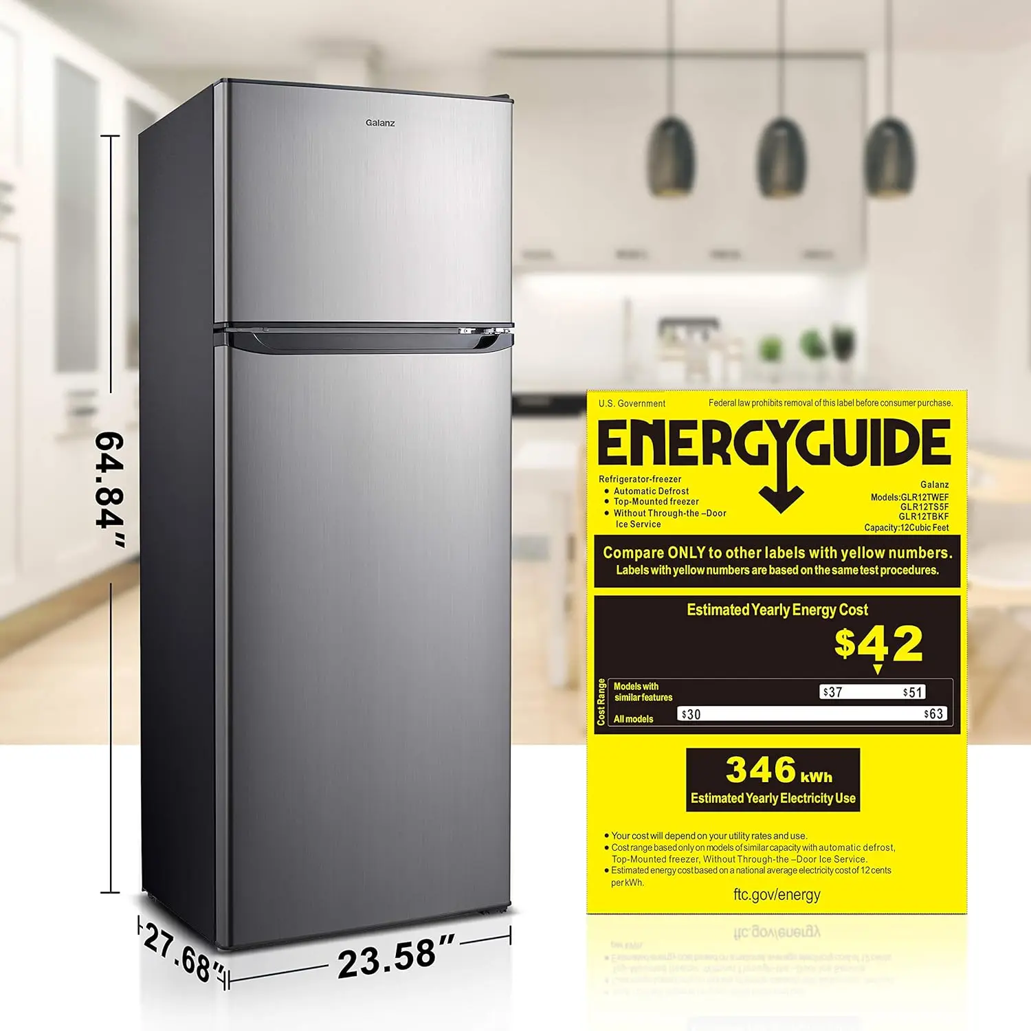 Refrigerador de doble puerta, control de termostato eléctrico ajustable con compartimento para congelador de montaje superior, 12,0 pies cúbicos, acero inoxidable, 12