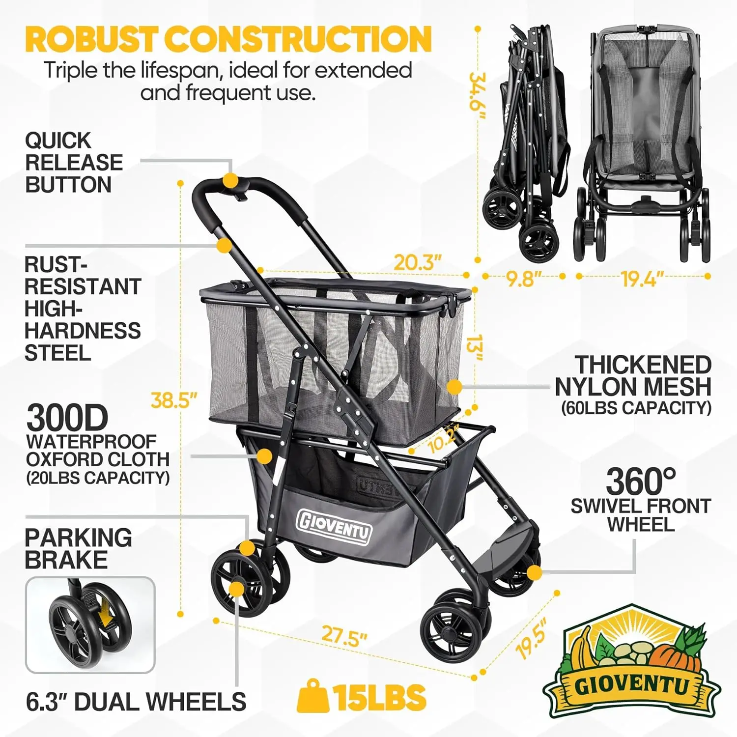 Folding Shopping Cart with Wheels, 80lbs Multi Use Grocery Carts with 360° Wheels & Removable Tote Bag,