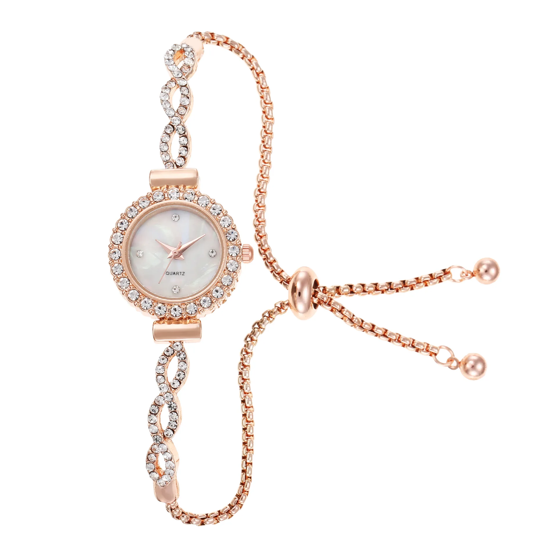 New Fashion Diamond Set Round Women's Watch with Wrapped Flower Pattern and Free Adjustment Bracelet for Women's Quartz Watch