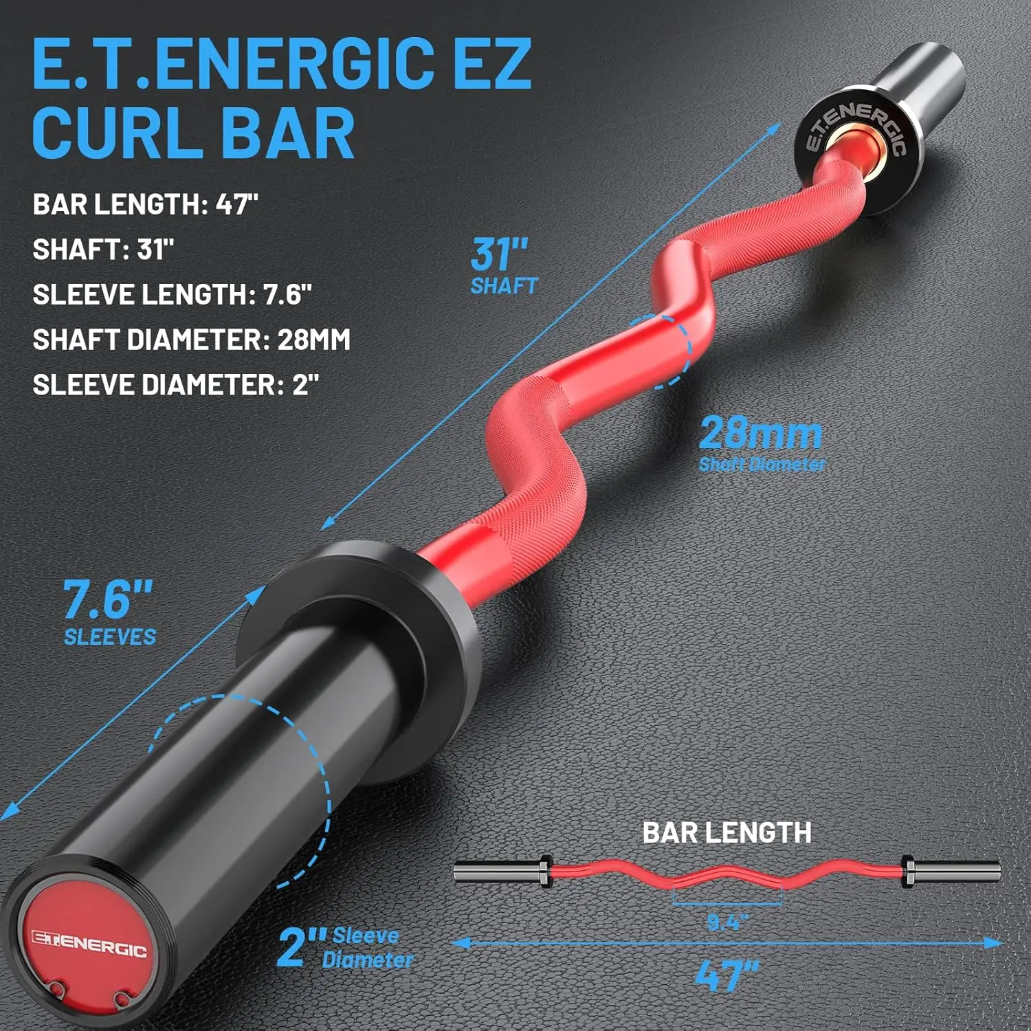 

47" EZ Curl Bar 500-lbs Capacity Steel Barbell Suitable for 2" Barbell Plates