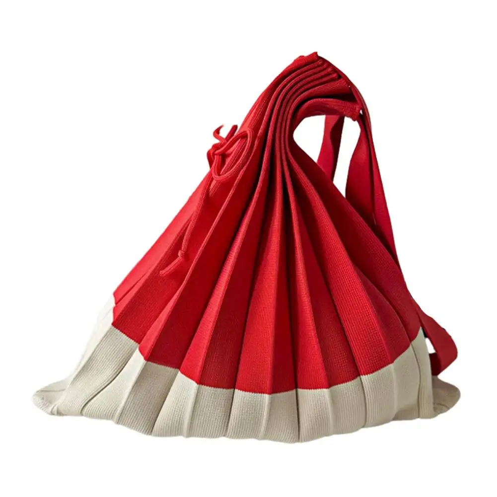 Foldable Shopping Bag Reusable Accordion Grocery Tote Color Block Pleated Shoulder Bag for Grocery Shopping Daily Errands
