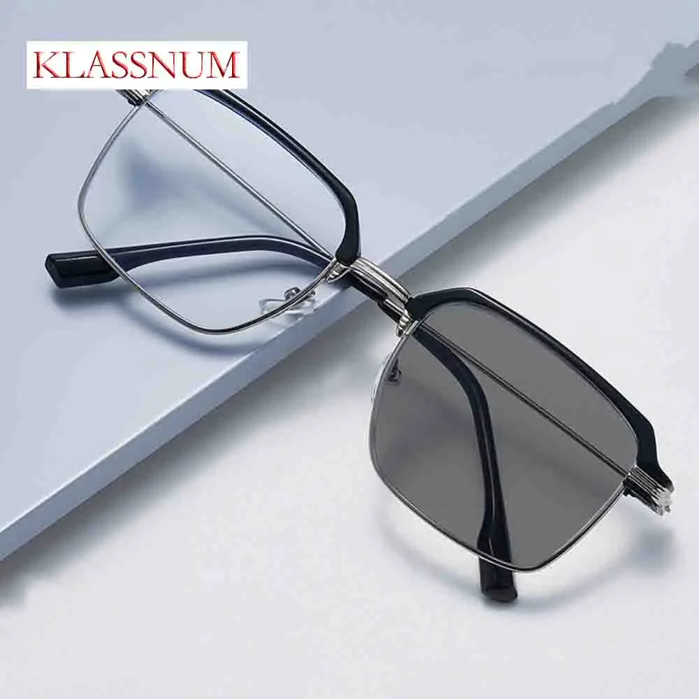 Men Change Color Anti Blue Light Glasses Square Metal Half Frame Presbyopia Eyeglasses Business Hyperopia Optical Spectacles