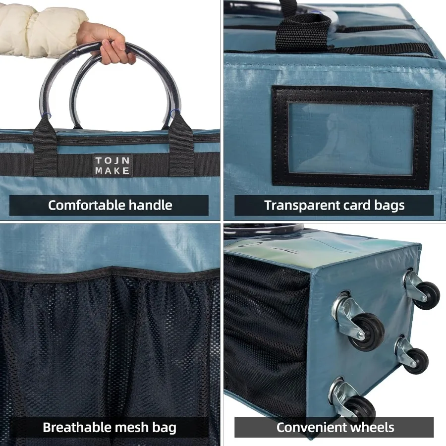 Grand sac d'épicerie réutilisable bleu sur roulettes avec 8 poches et housse à glissière pour un shopping efficace, fourre-tout pliable à roulettes avec Hea