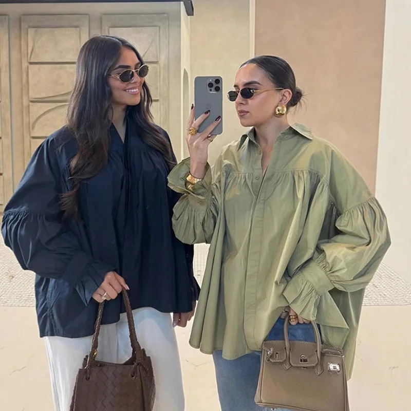 

Casual Shirts Women Loose Lantern Sleeve Buttons Turn-Down Collar Pleated Blouse Lady Spring Summer Green Shirts Woman All-match