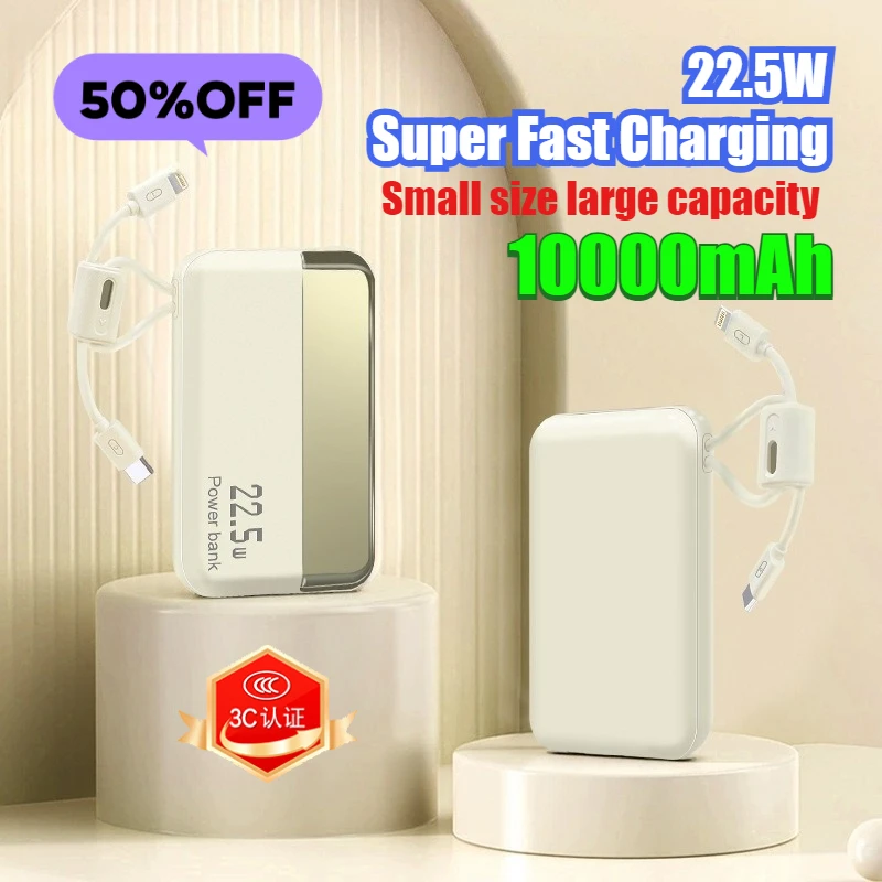 

22.5W 10000mAh Slim Compact Portable Power Bank with Built-in Fast Charging Cable 3C Certified for All Series of Smartphones