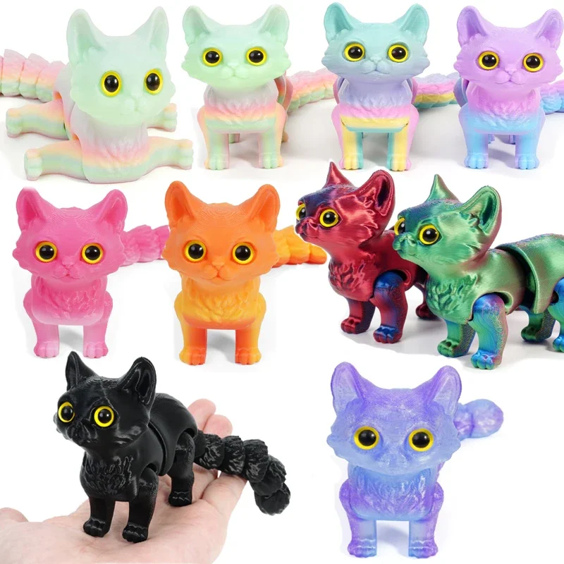 3D Printed Cat Ornaments Realistic Tail Joint Movable Cute Cat Model Home Desktop Ornament Figure Toy for Adults Kids Gift