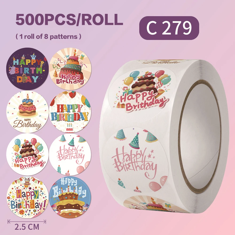 25mm 500Pcs/Roll happy birthday sticker label DIY Happy Birthday decoration Round Circle Labels /Kids Party Stickers