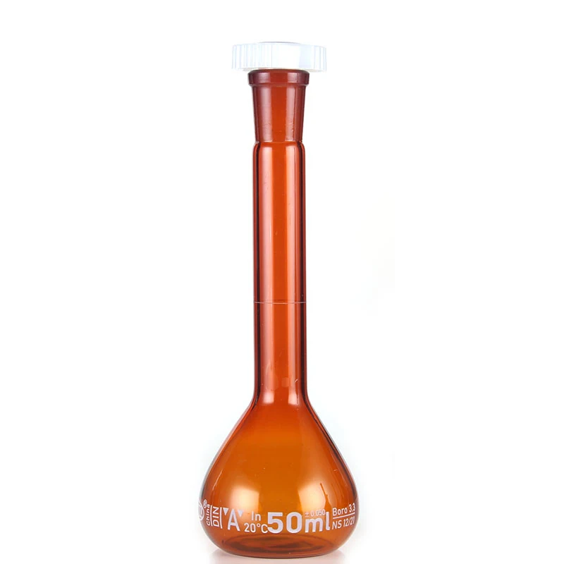 frasco-volumetrico-de-vidro-borosilicato-de-laboratorio-marrom-50ml-com-rolha-de-plastico-laboratorio-de-escritorio-quimica-fornecimento-de-produtos-vidreiros-transparentes
