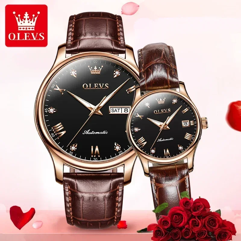 Olevs 9932 mechanical couple automatic watch leather luxury hand clock waterproof luminous calendar watches men and women