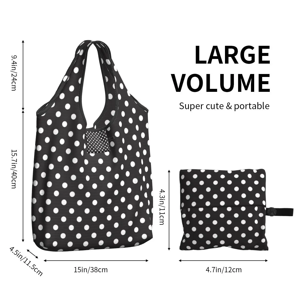 Custom Recycling Classic Black And White Polka Dot Shopping Bag Women Tote Bag Portable Grocery Shopper Bags