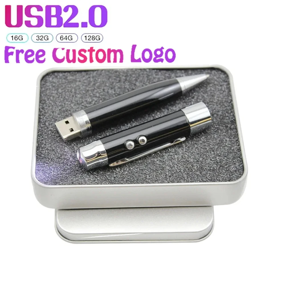 

Металлическая шариковая лазерная ручка USB-флешка 128 ГБ с железной коробкой Memory Stick 64 ГБ 1 шт. Бесплатный индивидуальный логотип 32 ГБ Высокоскоростной флэш-накопитель 16 ГБ