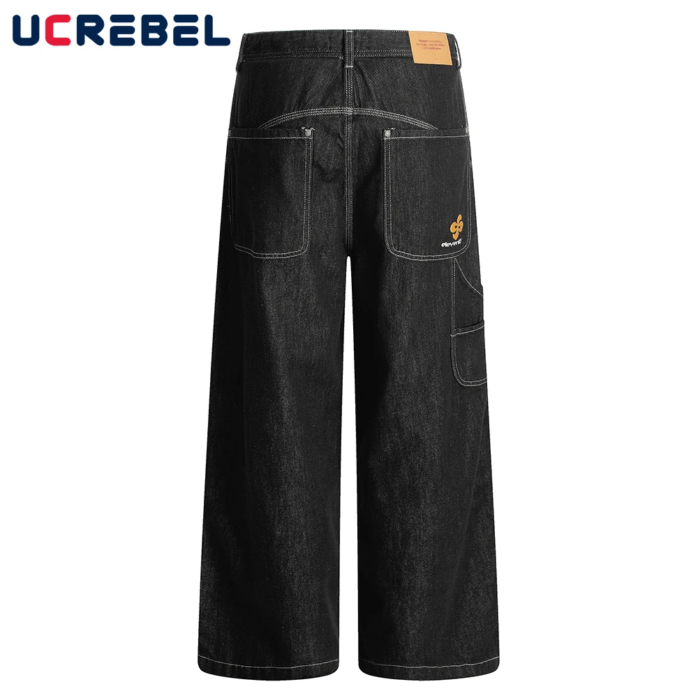 

Pocket Embroidery Dark jeans Mens Top Stitch Retro High Street Straight Loose Wide leg Denim Pants Men