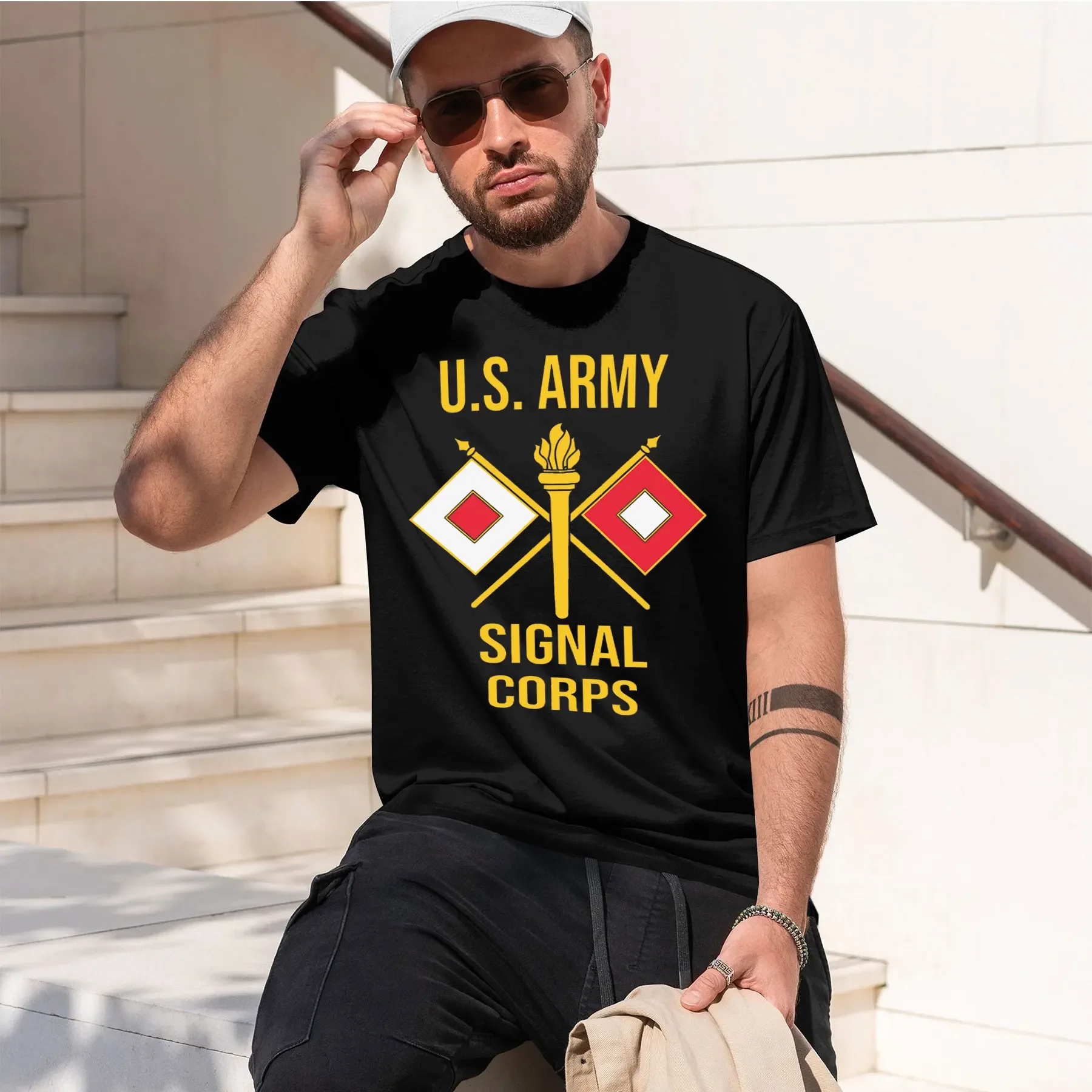 US ARMY SIGNAL CORPS 2026 new fashion heavyweight hot selling retro printed pattern fun round neck T-shirt for daily comfort