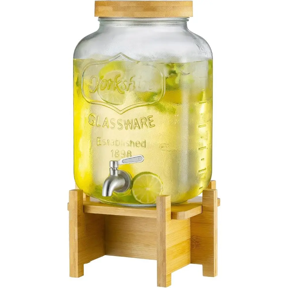 

2 Gallon Glass Beverage Dispenser with Wooden Stand and Stainless Steel Spigot for Parties and Outdoor Events