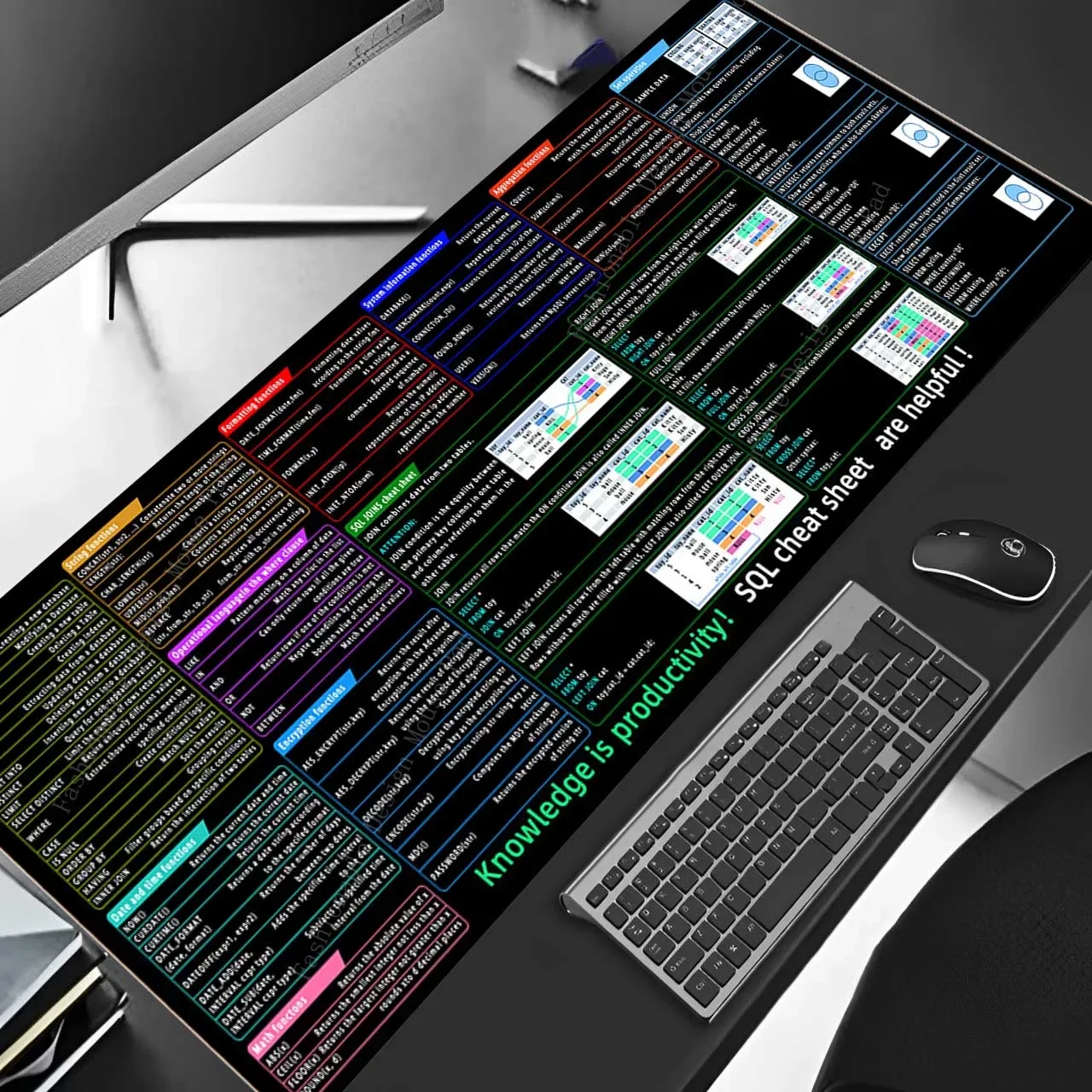 اختصارات SQL لوحة ماوس كبيرة XXL 90x40 سنتيمتر ورقة الغش عدم الانزلاق حصيرة مكتبية طويلة للمطورين قاعدة البيانات Admins محلل البيانات