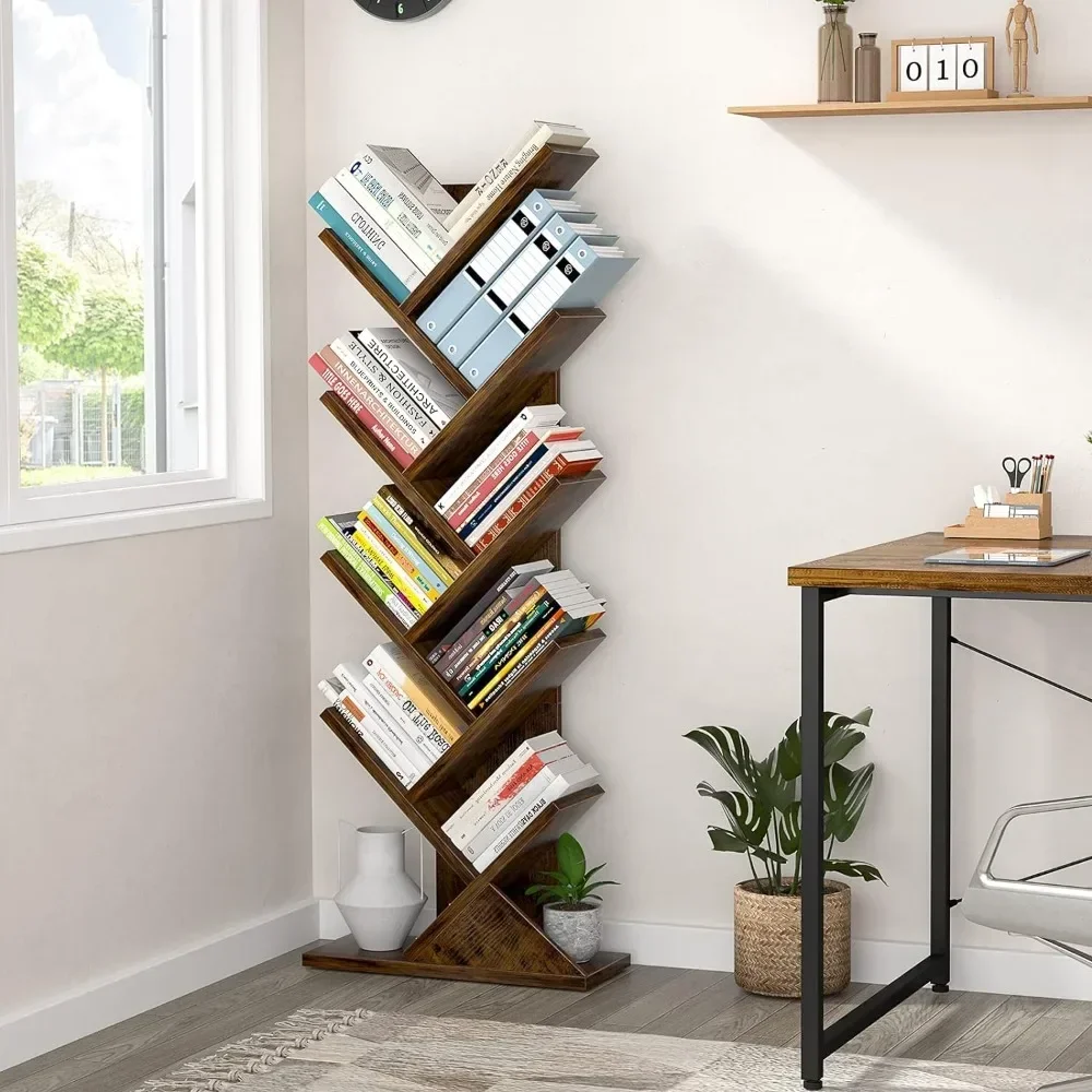 Tree Bookshelf, 9-Tier Shelf  Bookcase, Retro Wood Storage Rack, Living Room Furniture, Rustic Brown Book Shelf