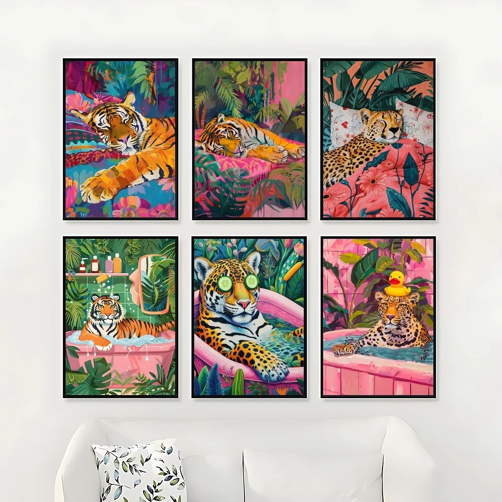 الملونة حوض الاستحمام الحيوان النمر زيبرا القط الأسود الكرتون المشارك قماش اللوحة الفن ديكور المنزل طباعة لغرفة المعيشة ديكور