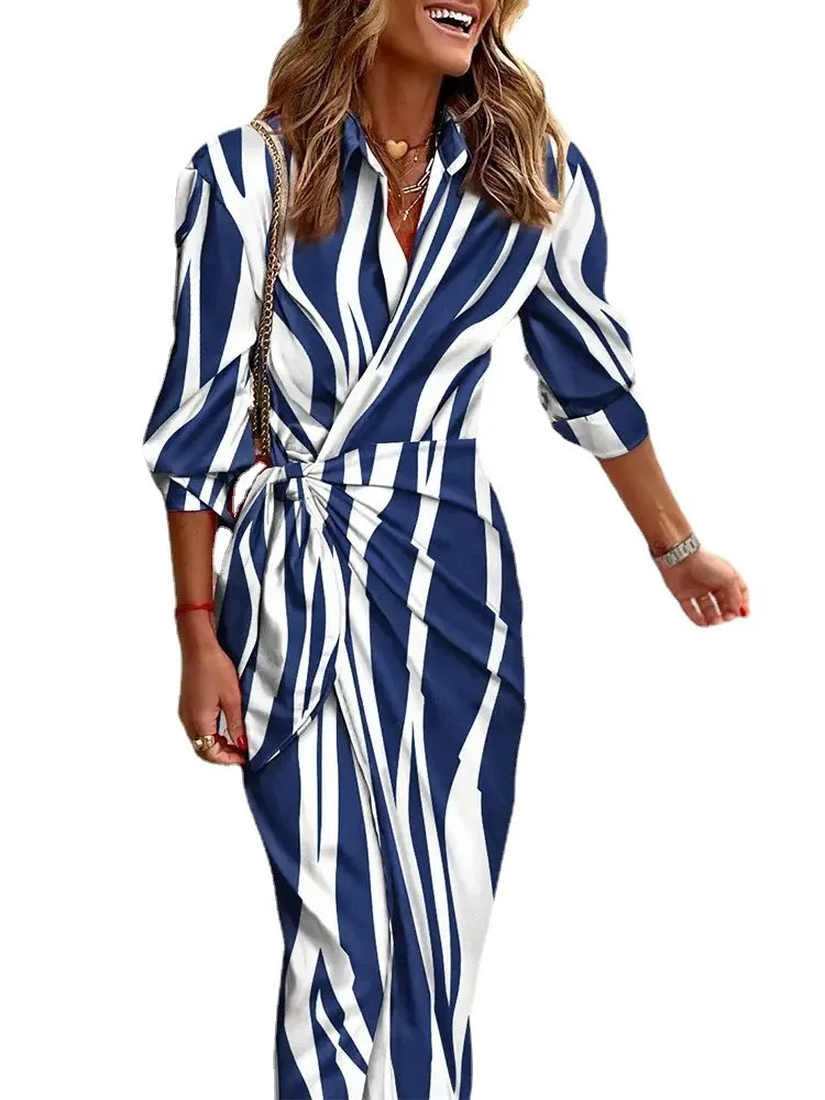 Fashion Printed Shirts Dresses Women Turn-down Collar Leace-up Bodycon Midi Dress Lady Temperament Commuting Chic Slim Vestidos