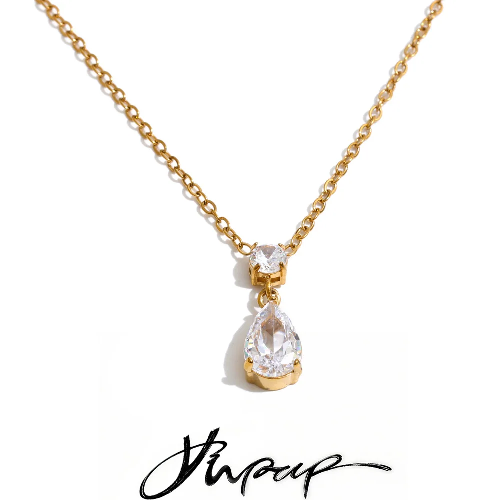 Yhpup Stainless Steel Zirconia Water Drop Pendant Necklace Temperament Shiny Fantasy Aesthetic Jewelry Gift