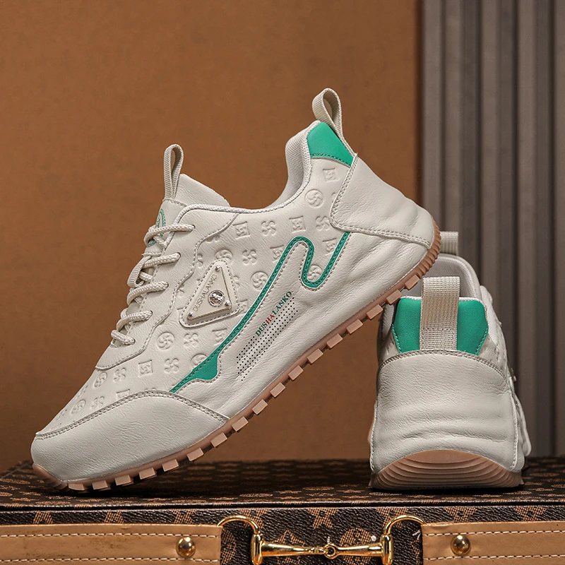 

Designer Style Men's Leather Sneakers | White Green Luxury Casual Trainers for Daily Wear