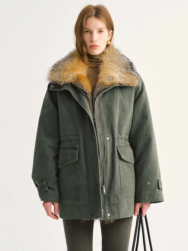 

Luxury Natural Fox Fur Collar Down Jacket Parkas for Women 2026 High-end Simple Cargo Style Mid-length Winter Goose Down Coat