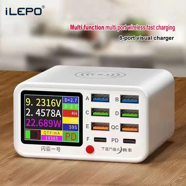 Wielofunkcyjna stacja ładująca USB typu C o mocy 65 W Bezprzewodowe ładowanie Szybkie 8 portów PD QC3.0 Zasilacz do szybkiego ładowania telefonu