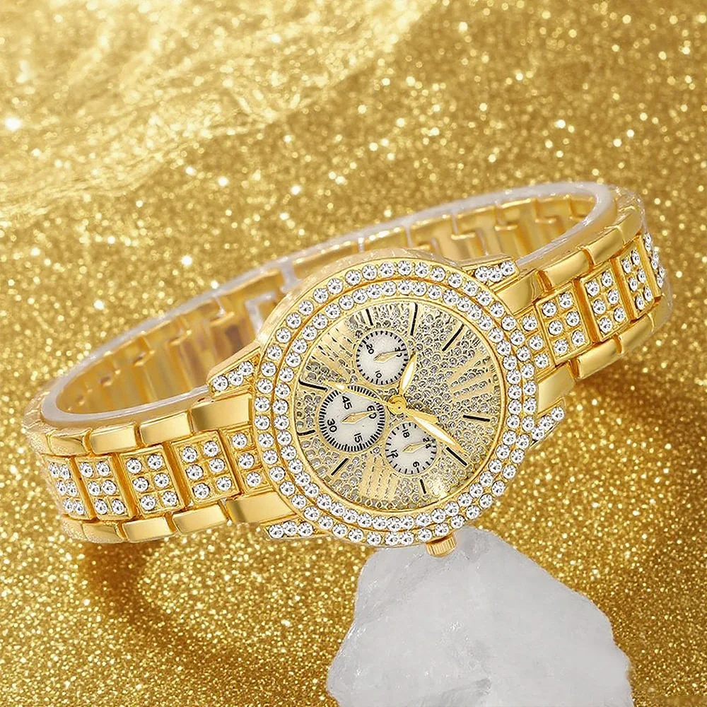Women's Quartz Watch Gold Luxury Women Ring Necklace Earring Rhinestone Fashion Wristwatch Casual Ladies Watches Jewelry Set - view 5