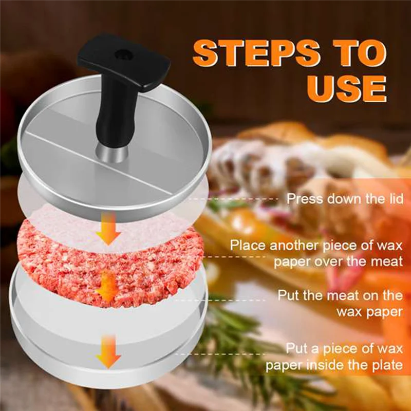 ABRE-Burger Press 100 Patty Paper Set Grill Press قالب همبرغر غير لاصق مع أوراق ورق باتي الشمع ولحم البقر والجبن