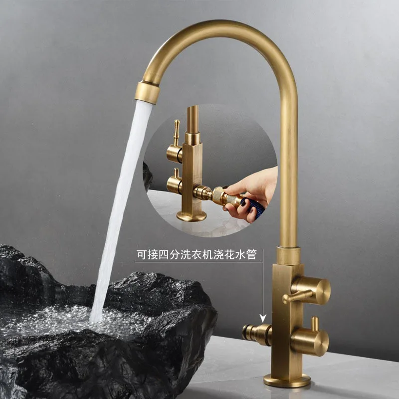 Brass Retro Antique Quick‑Open Outdoor Faucet, Thickened Tap for Courtyard Wash Basin & Mop Sink, Single‑Cold / Double‑Outlet