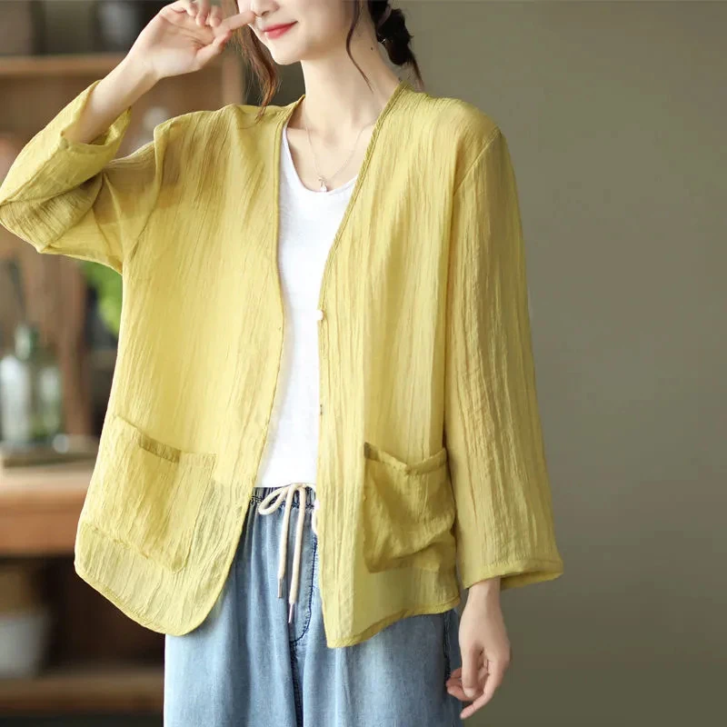 Gidyq Women Fashion Cotton Linen Coat Summer Casual Loose Sun Protection Shirts Korean All Match Female Long Sleeve Tops New