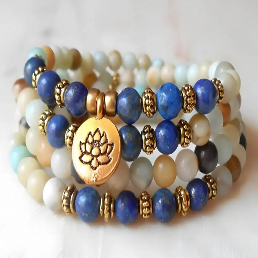 

6mm Amazoniteite Lapis Lazuli 108 Bead Pendant Bracelet Zen Spiritual Yoga Nirvana Bohemian tassel Women zazen Meditation Men's