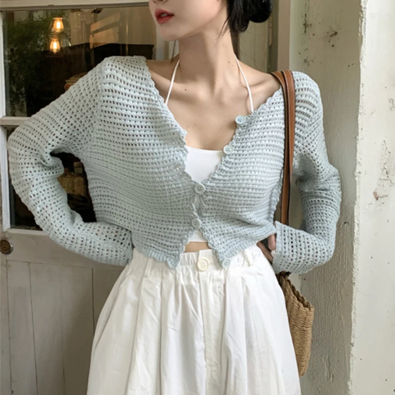 

Pointelle Knit Long Sleeve Button Front Crochet Crop Top Cardigan Jacket for Women Cover-Up Spring Summer Y2K Grunge Outfit