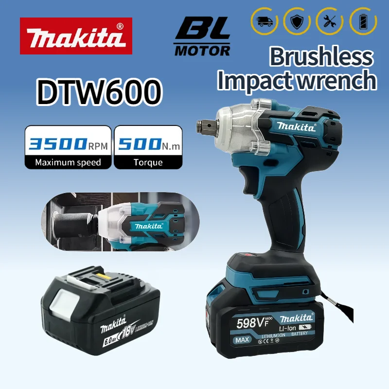 ماكيتا DTW600 مفتاح ربط لاسلكي 280N.m عزم دوران عالي فرش مفتاح كهربائي قابل لإعادة الشحن 18 فولت أدوات إصلاح السيارات الكهربائية