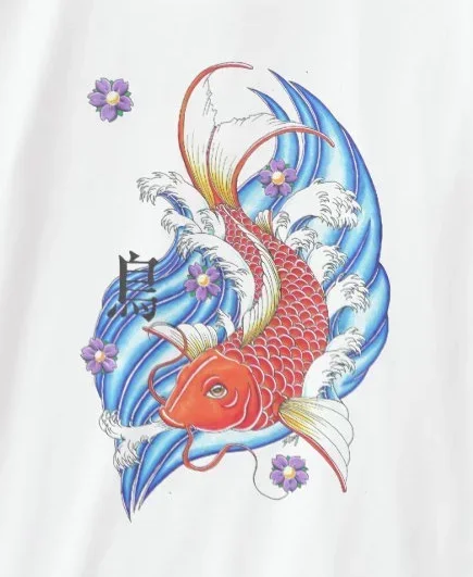 

Summer cotton short sleeve koi fish O-neck men's printed T-shirt with flowers and water, symbol-fish get water brand new T-shirt