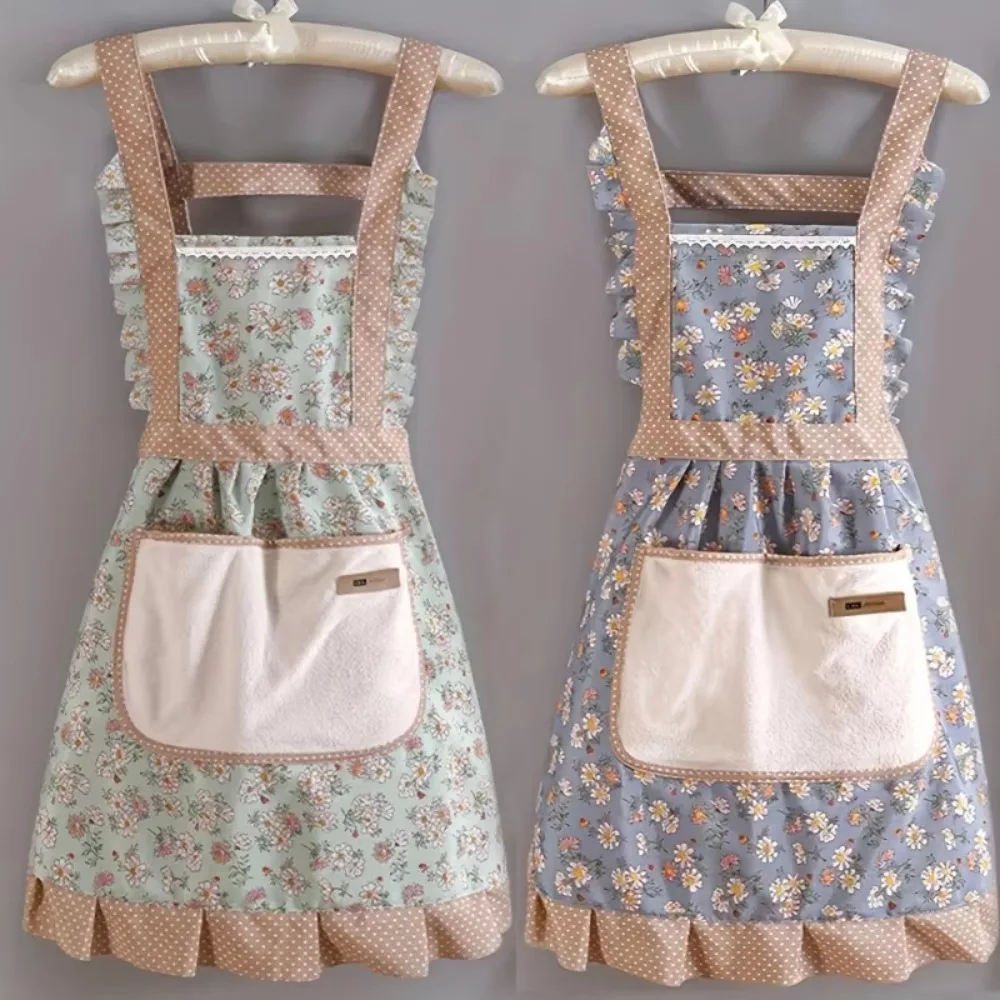 

New Floral Hand Wipe Apron Anti-fouling Breathable Canvas Apron with Pockets Wear-resistant Princess Apron Adult