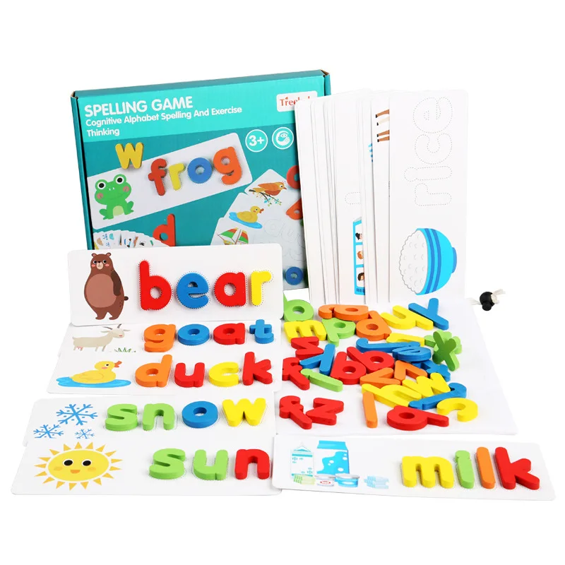 Houten woordspel voor kinderen, driedimensionaal puzzelspeelgoed, puzzel voor vroeg onderwijs, lettercognitiekaart, bouwsteenspeelgoed