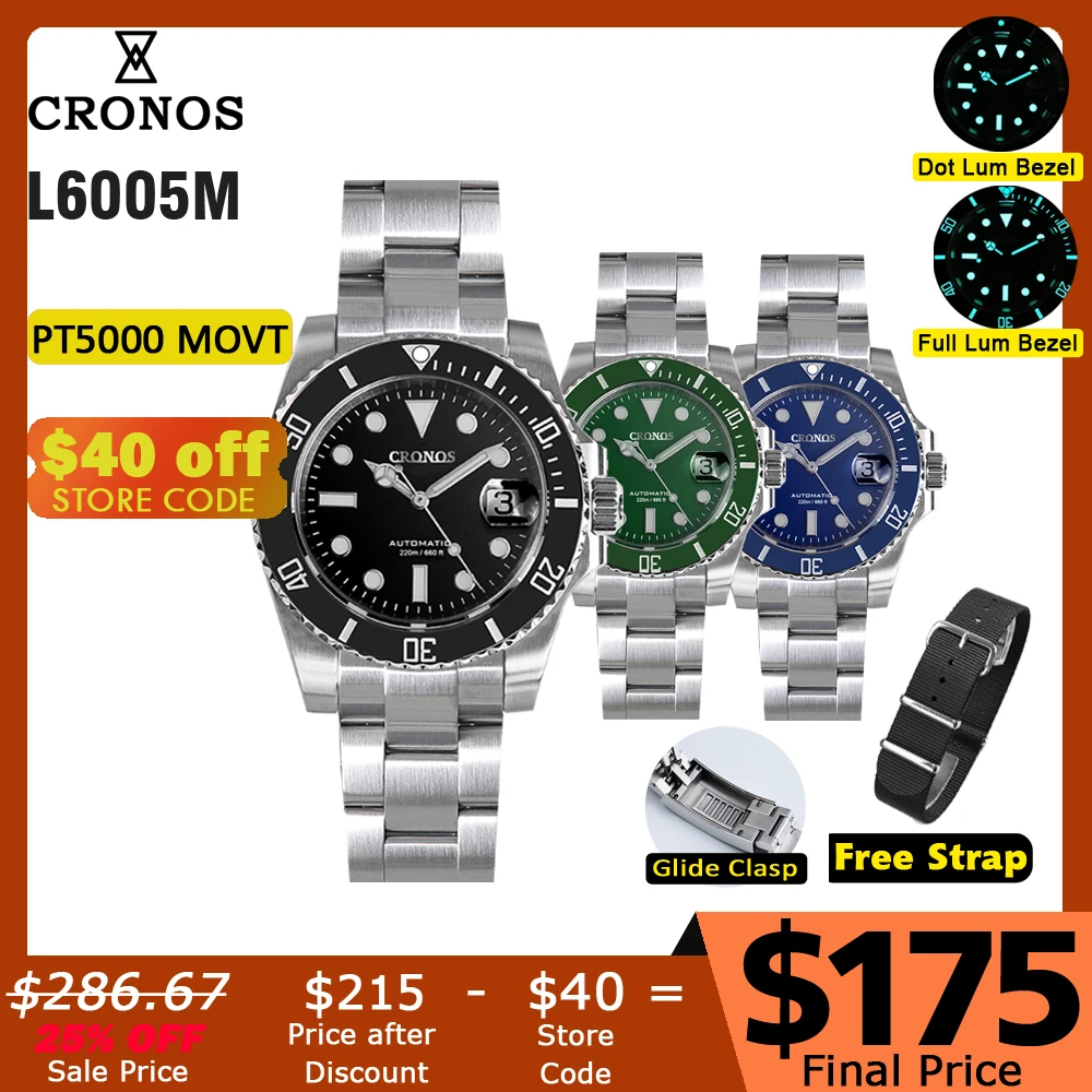 

Cronos Sub Diver Men Watch Stainless Steel PT5000 Bracelet Ceramic Bezel 200 meters Water Resistant Glideclasp L6005 V3