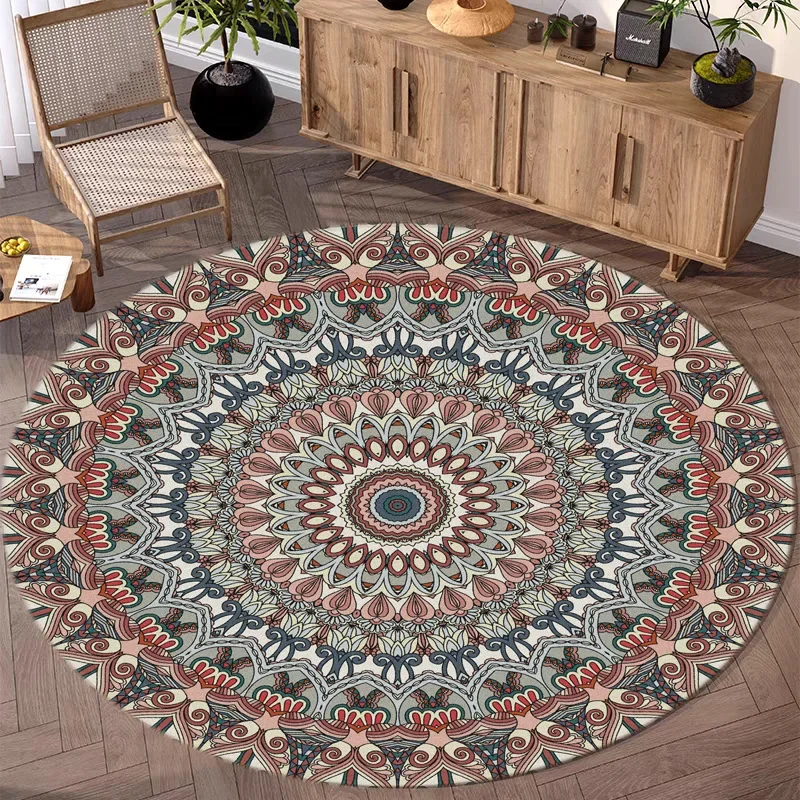 Round  Tribal Rug with Geometric Motif – Retro Home Decor for Living Room Study