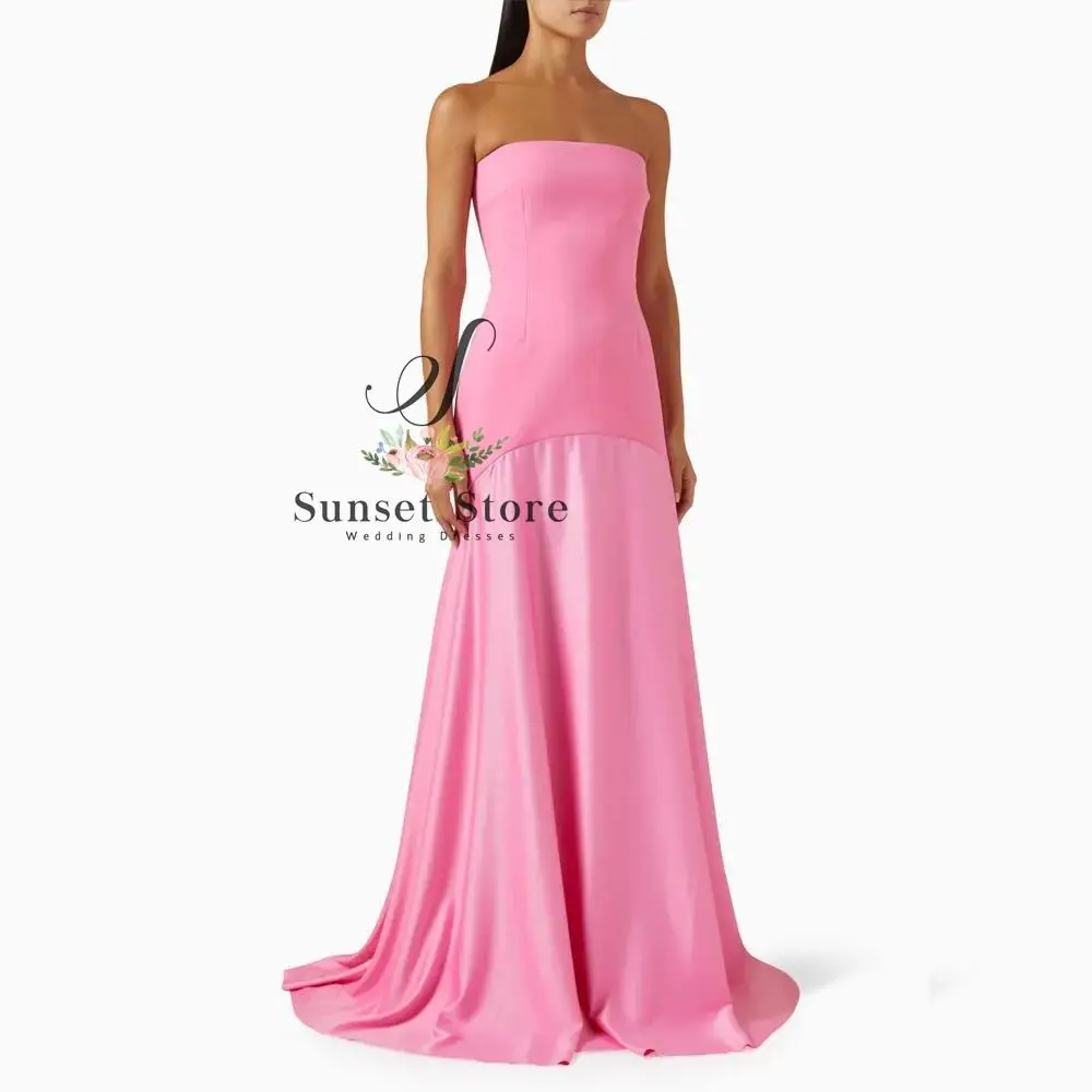 Customized   Pink Strapless Satin Mermaid 2025 Slim Crepe Backless Sleeveless Ocassion Gown Floor-Length Formal Evening Dress