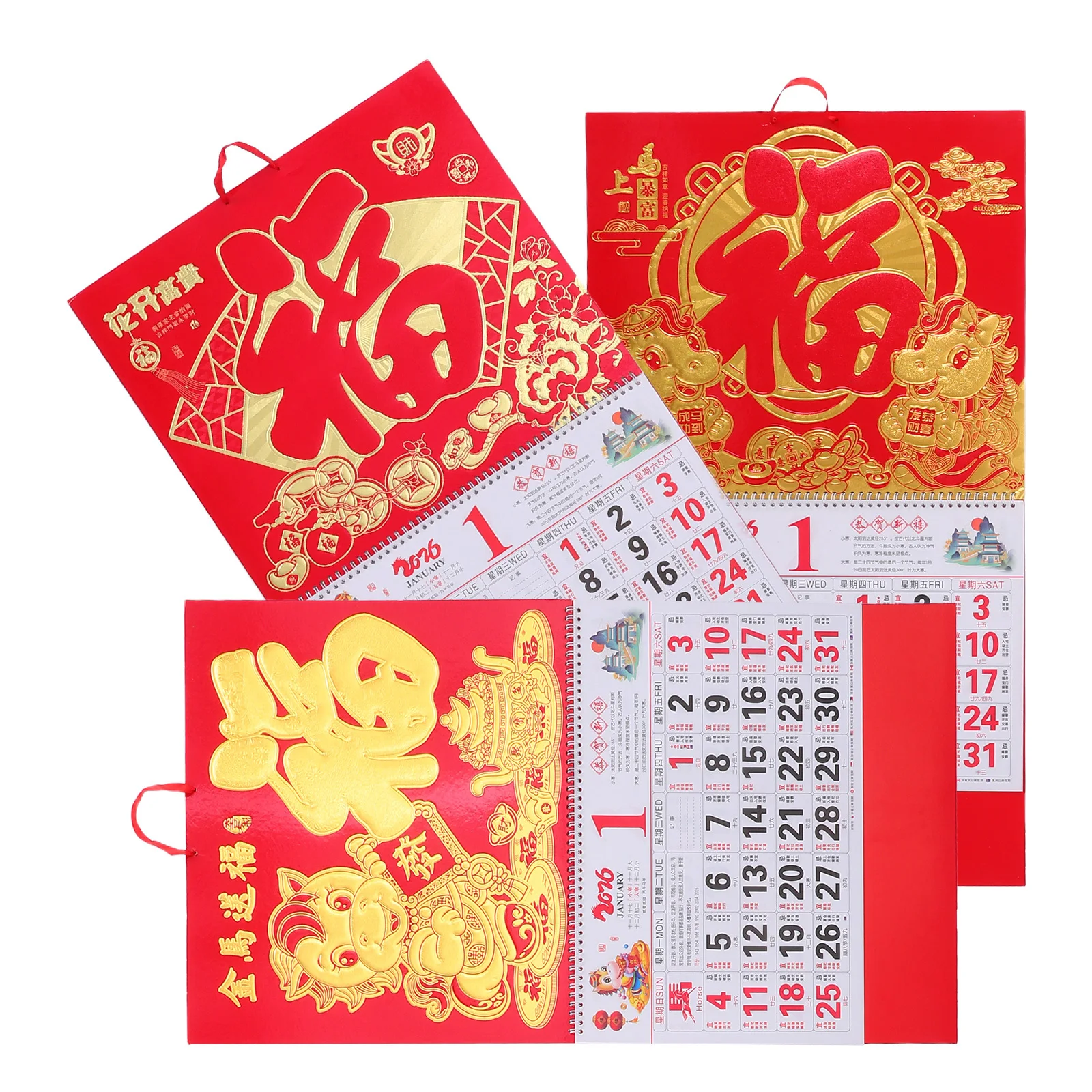 Calendario colgante chino de 3 uds., año 2026 del caballo, planificador de pared Lunar rasgable mensual grande, calendario de pared chino para oficina y hogar 2026