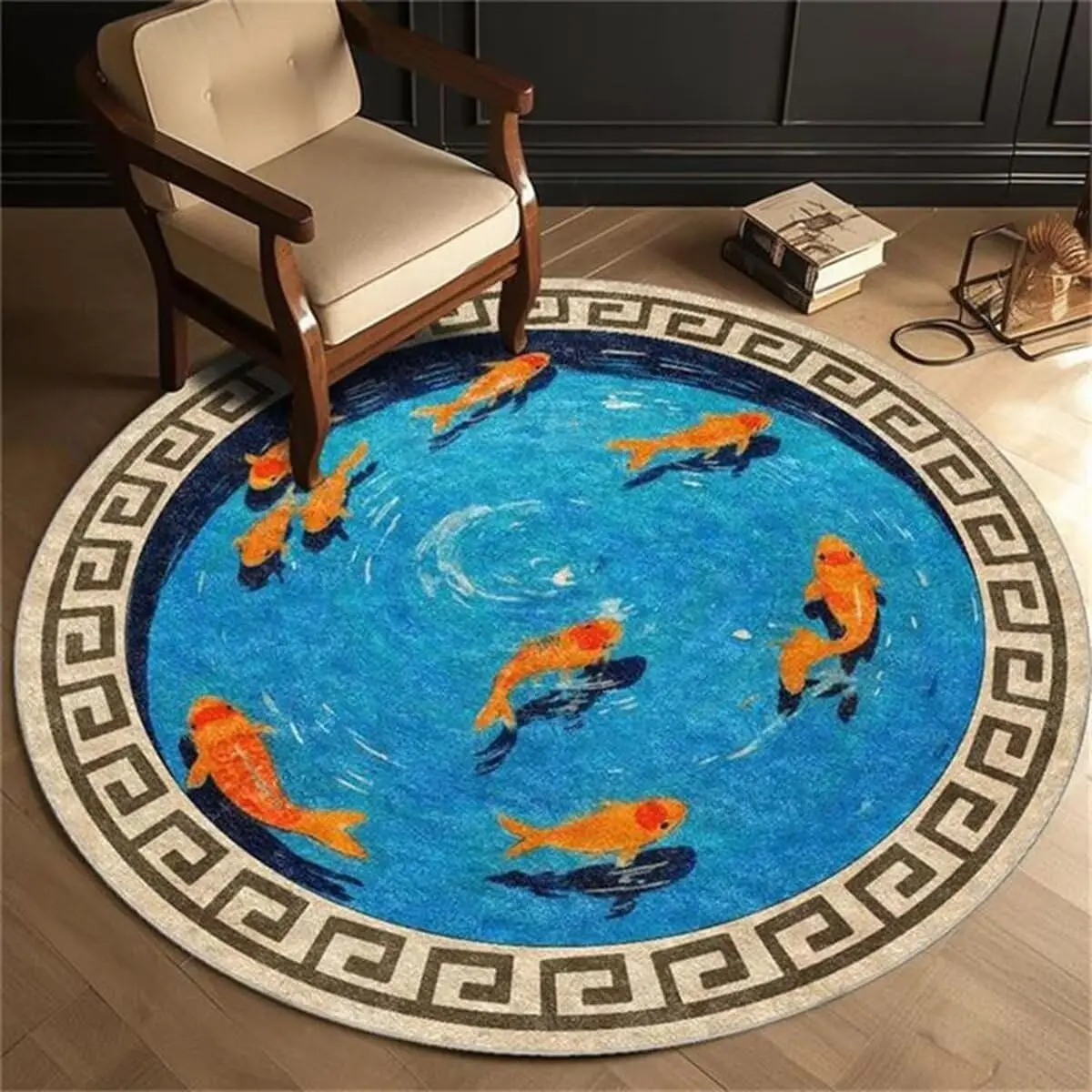 Lucky Koi Fish Round Rug Blue Water Greek Key Border for Asian Inspired Decor