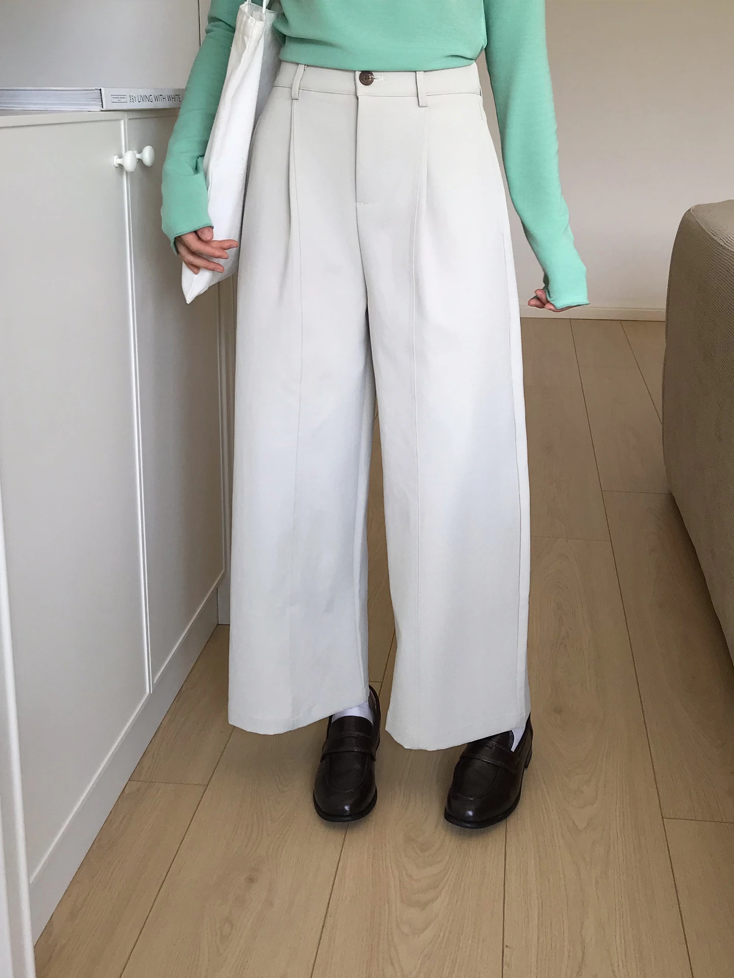 

High Waist Wide Leg Pants Straight Cut Nine Points Casual Trousers for Women Loose Sle Autumn Season Button Closure