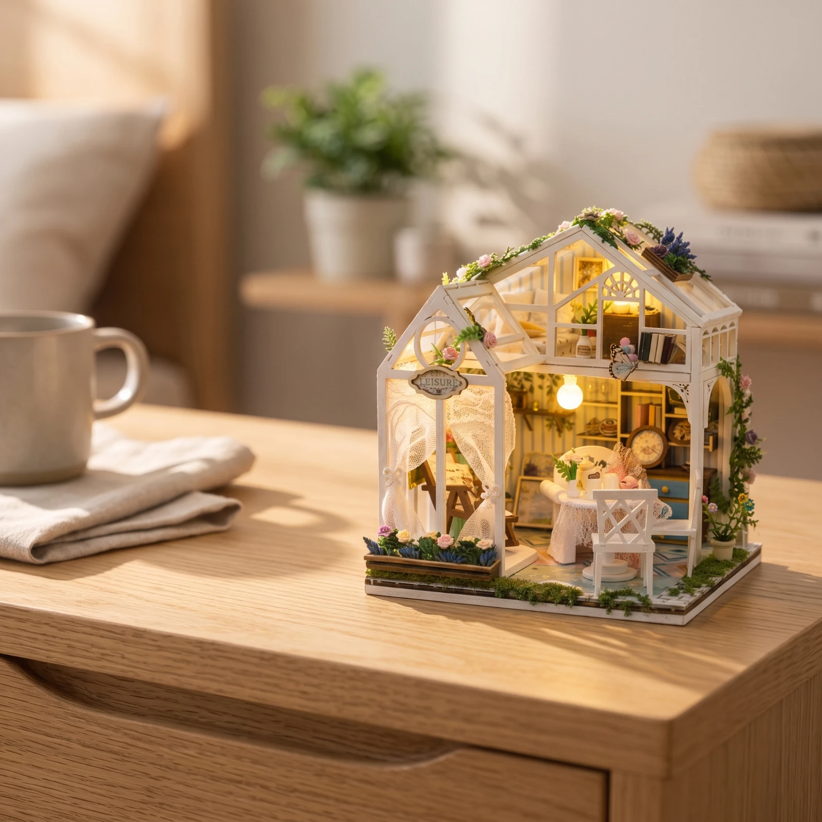Miniature Flower House Two-Story DIY Miniature Greenhouse 3D Wooden Puzzle Romantic Decor Warm for Hobbyists, Bookshelf Display