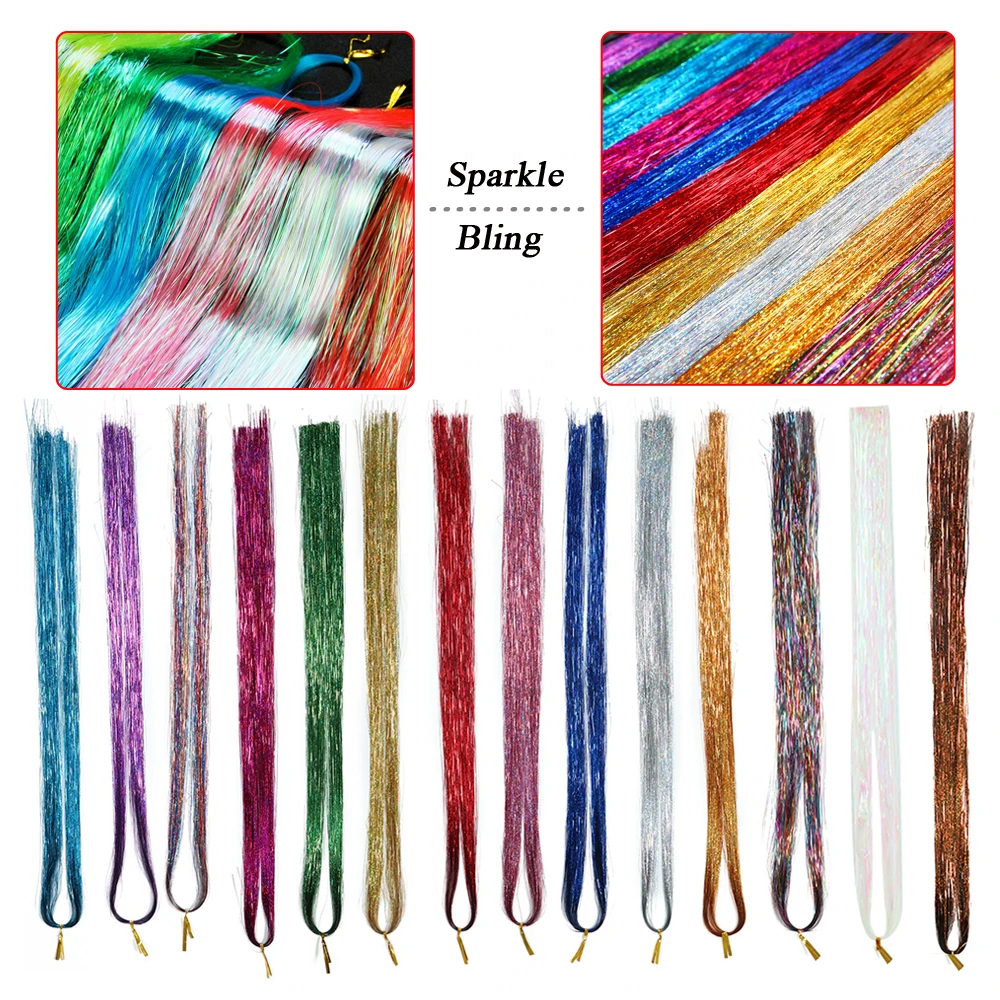 Sparkle Hair Tinsel Rainbow Colored Synthetic False Hair Extensions Decor Glitter Strips 120 Strands For Girls Headwear Hairbing