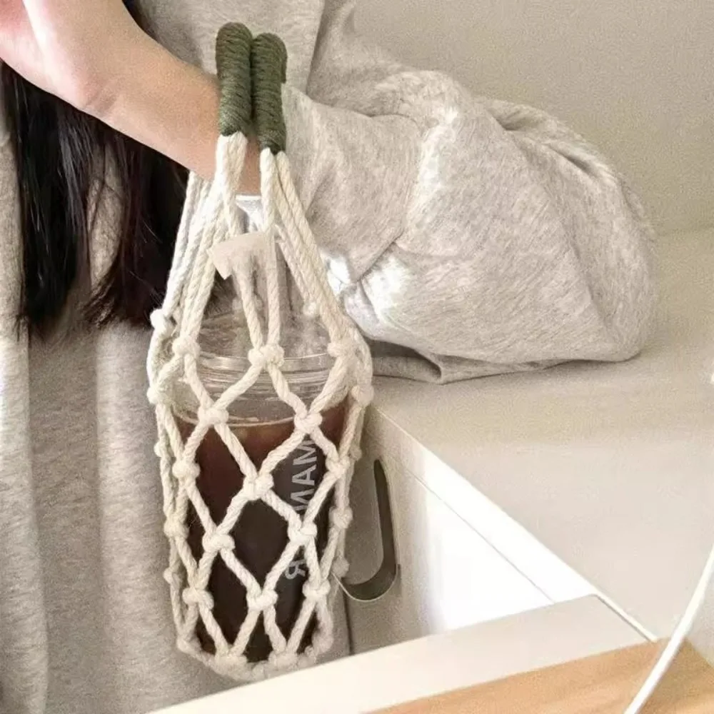 Double Handle Water Cup, Mesh Bag, Cup Cover, Handmade Weaving, Outdoor Casual Hand Held Water Cup, Retro Cup Cover