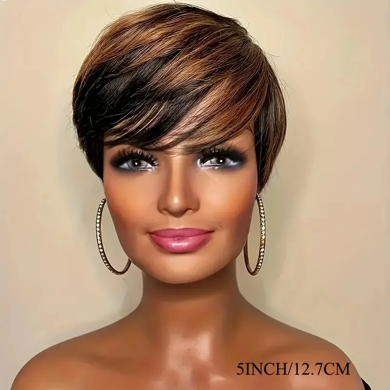 인모 하이라이트 숏 스트레이트 픽시컷 머신메이드 앞머리 있는 여성용 밥 가발