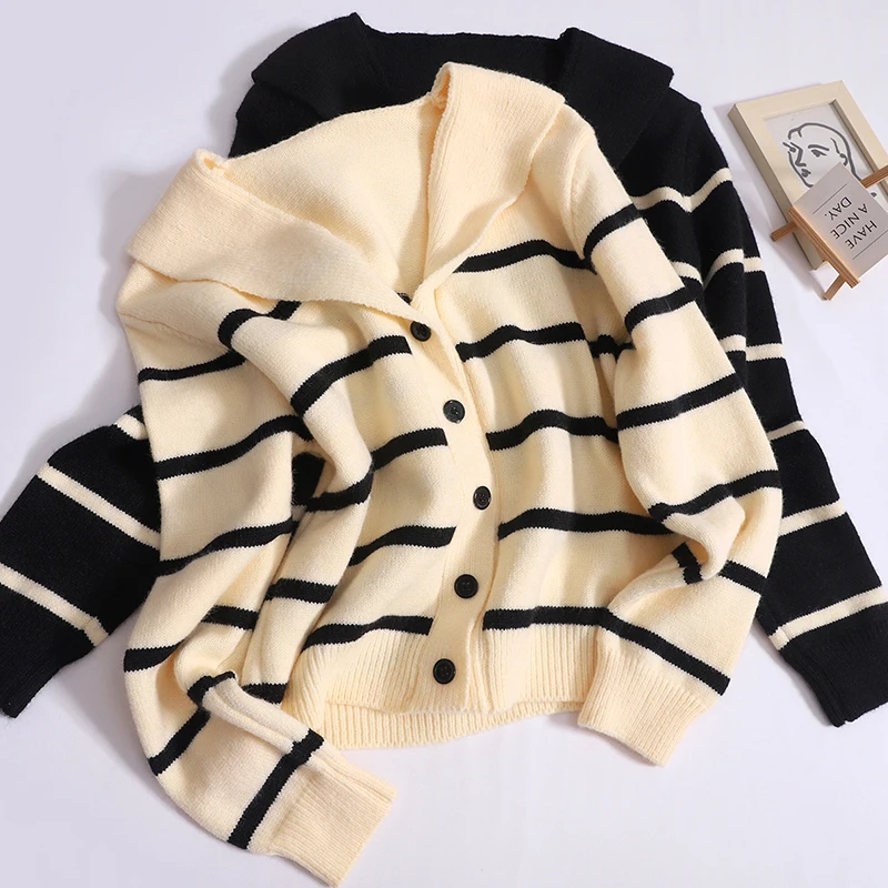 

Autumn Sailor Collar Cardigan Women Single-breasted Long-sleeved Striped Sweater Casual Simple Preppy Style Knitwear